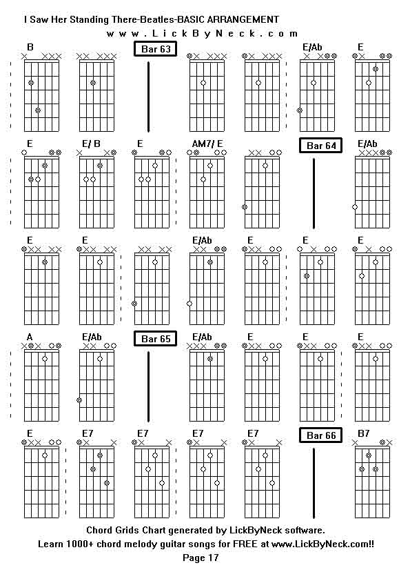 Chord Grids Chart of chord melody fingerstyle guitar song-I Saw Her Standing There-Beatles-BASIC ARRANGEMENT,generated by LickByNeck software.